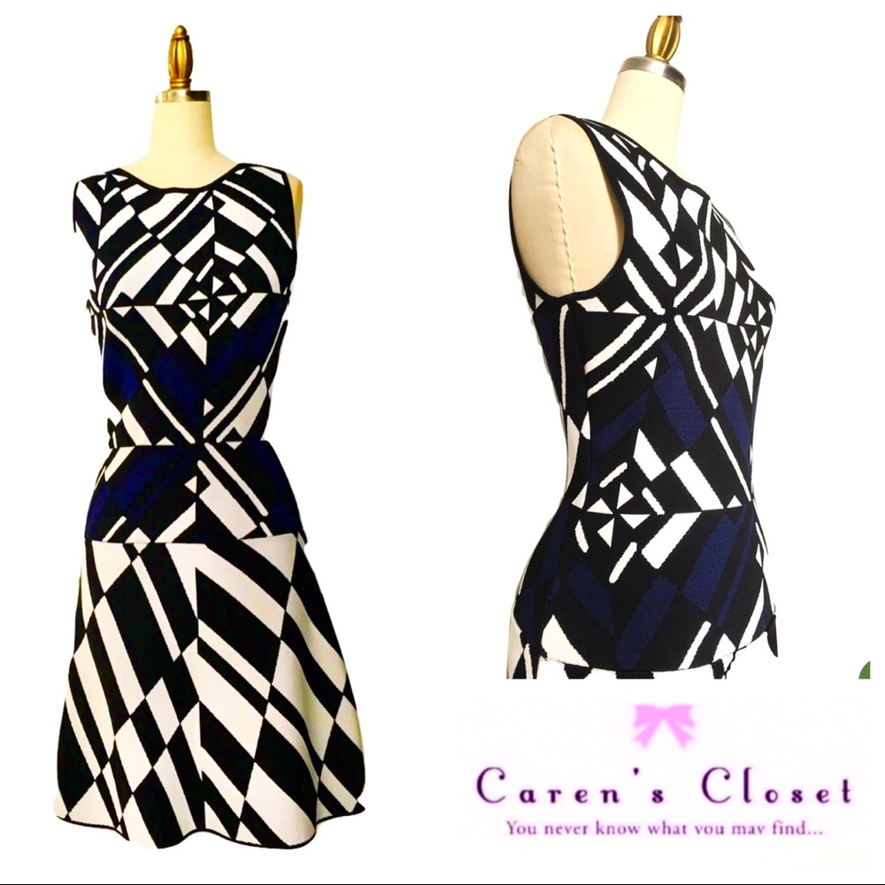 BCBGMaxAzria Blk Wht & Navy Fit & Flare Dress - Picture 2 of 7